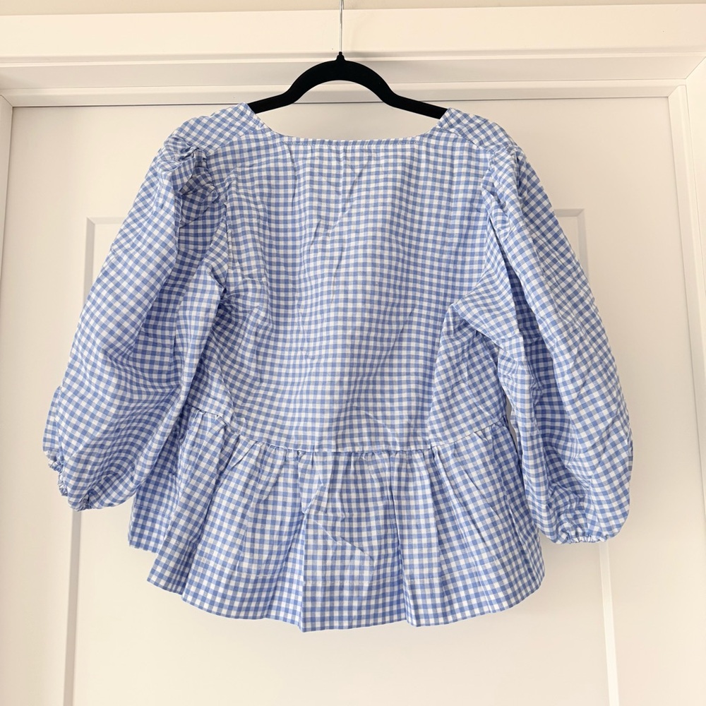 NWOT-Woman’s Blue Plaid Gingham Babydoll Top w/ Tie Front Short Puff Sleeves - Picture 2 of 14